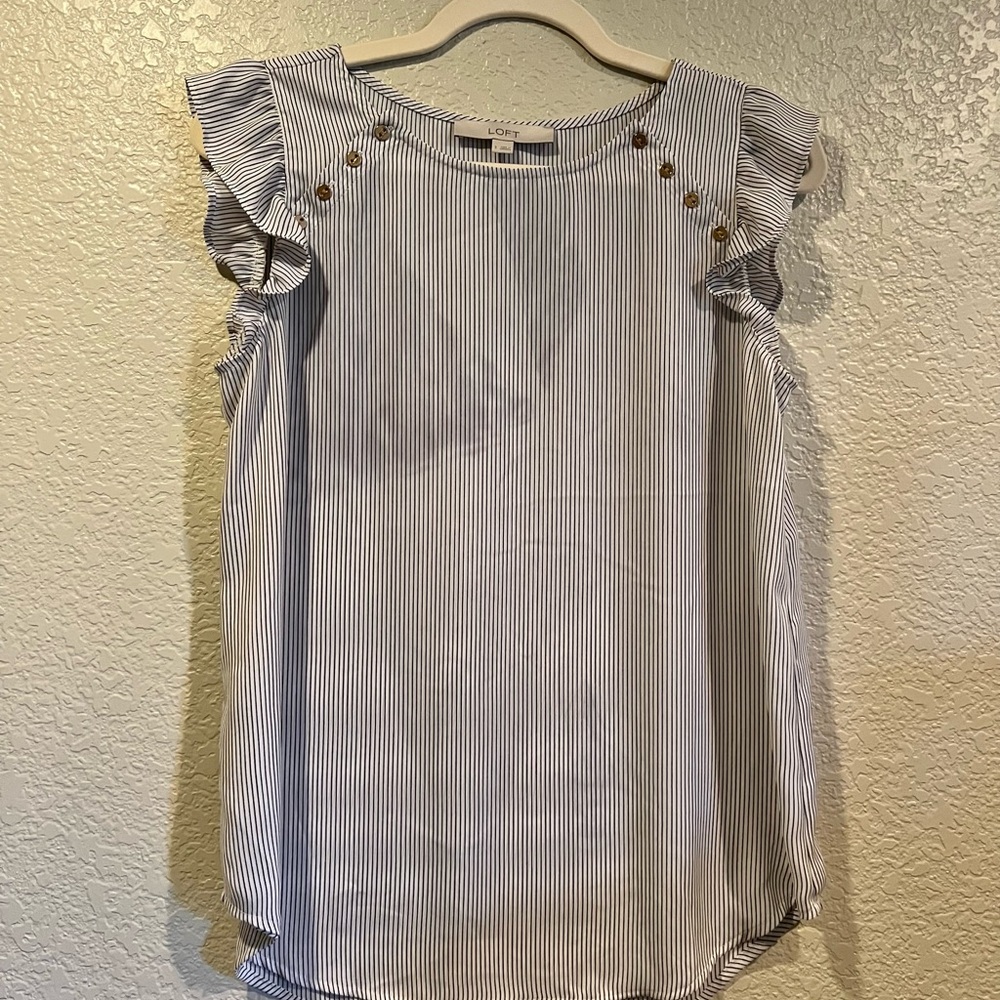 LOFT Pinstripe Ruffle Sleeve Blouse - Blue and White